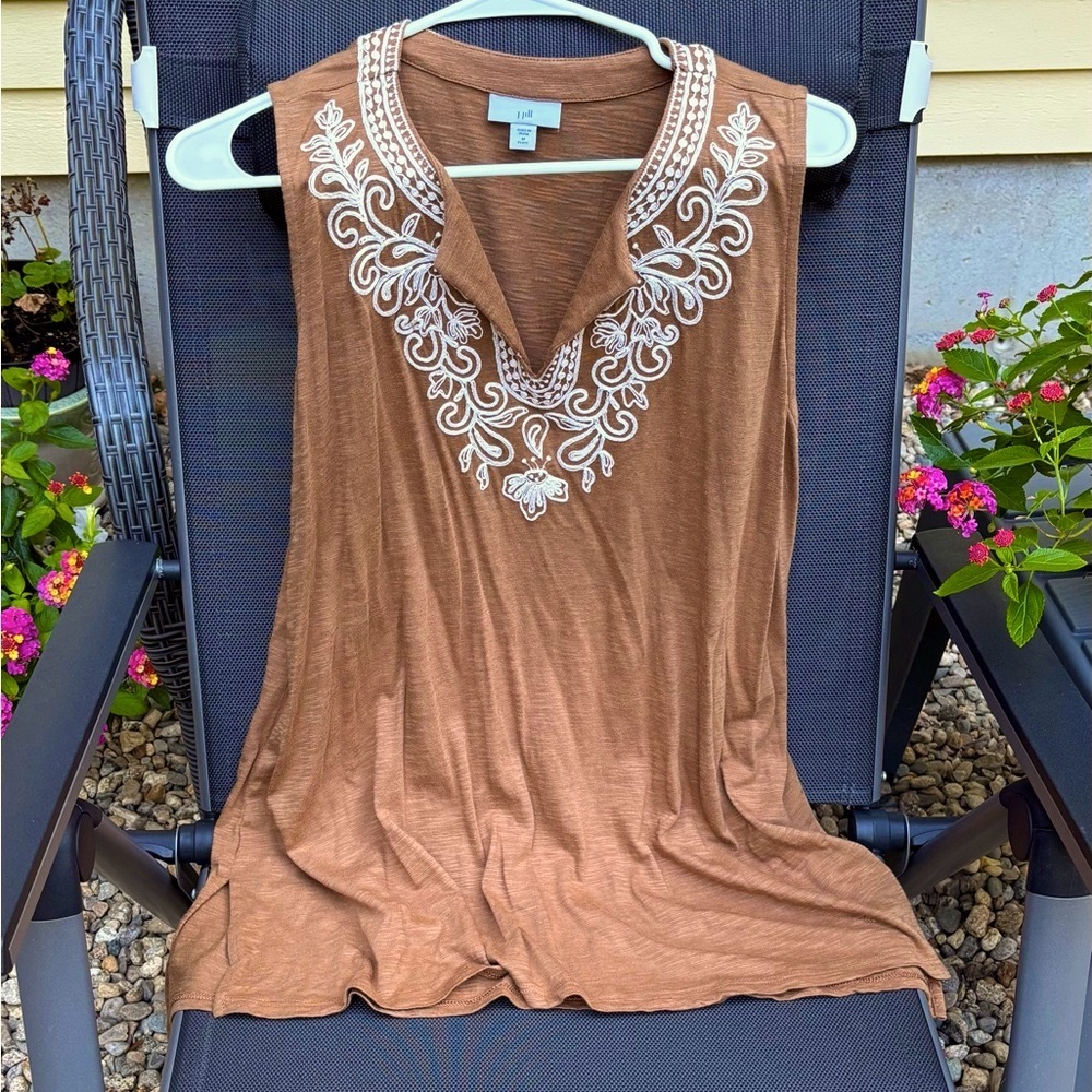 J. Jill Brown Tunic with White Embroidery at Neckline